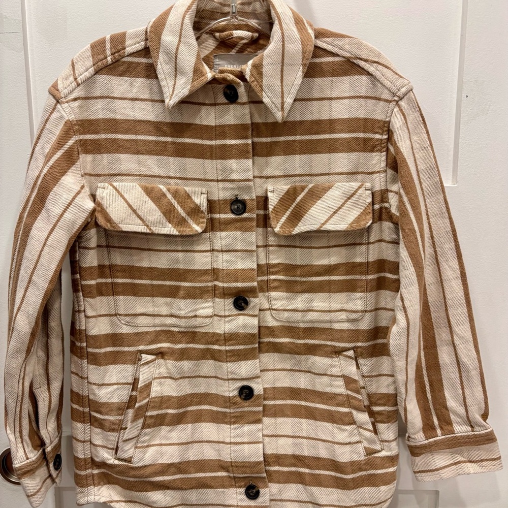 Everlane Striped Button-Up Shacket in Cream and Brown